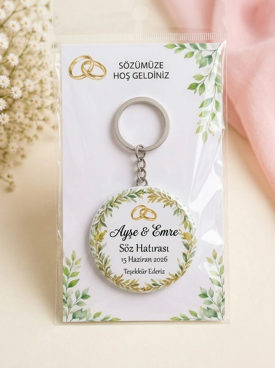 EYMI SOZ 01 TEKLI Söz Hediyesi & Hatırası - Zarif Alyans Figürlü & Gold Çelenk - Kişiye Özel Açacaklı Buton Rozet Anahtarlık