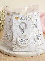 Söz Hediyesi & Hatırası - Modern Mermer & Gold Çerçeve - Kişiye Özel Açacaklı Buton Rozet Anahtarlık 3lü Sunum Kartı ve Set