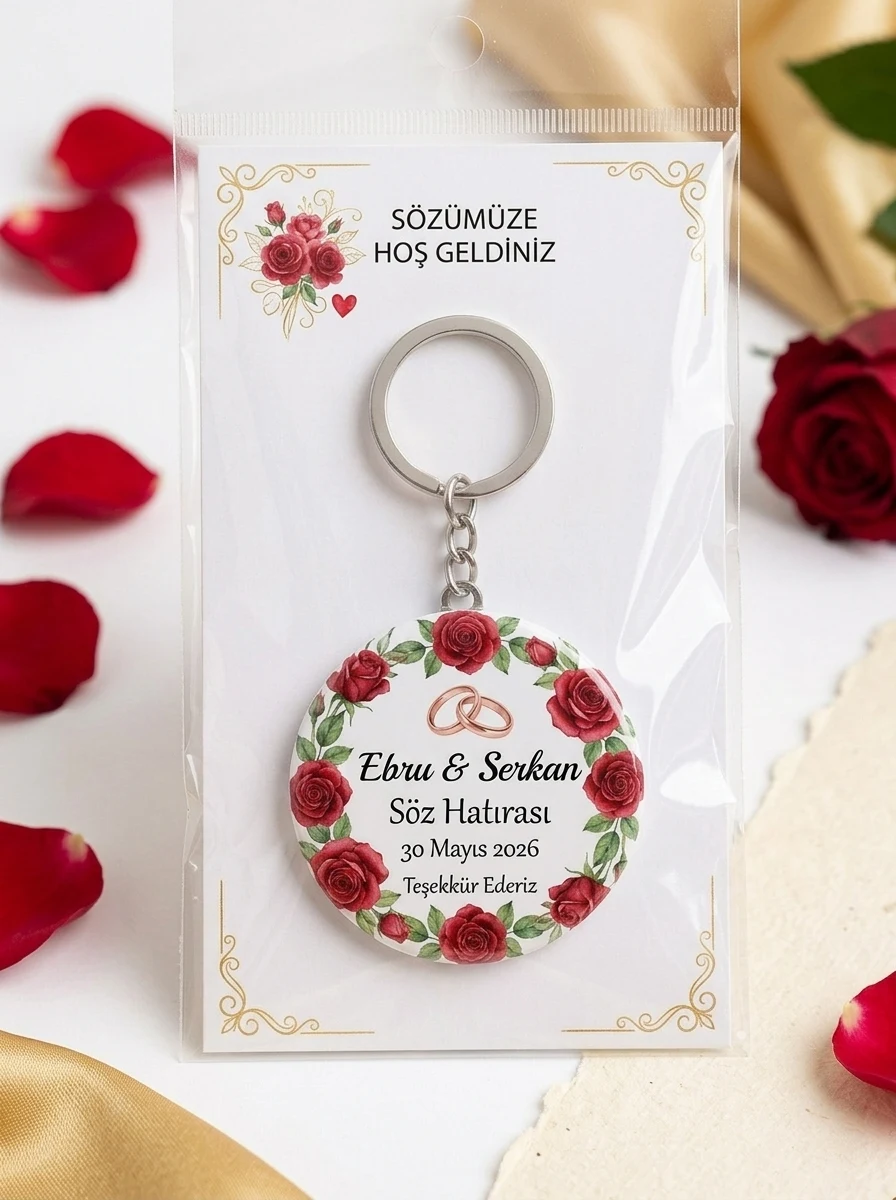 EYMI SOZ 07 TEKLI Söz Hediyesi & Hatırası - Kırmızı Gül Buketi & Gold Bordür - Kişiye Özel Açacaklı Buton Rozet Anahtarlık