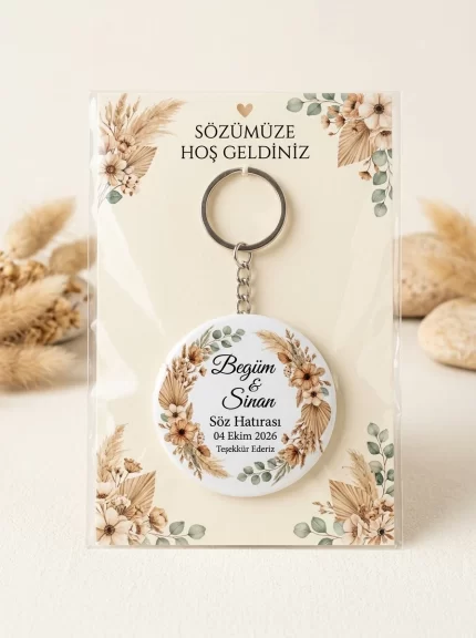 Söz Hediyesi & Hatırası - Bohem Kuru Çiçek & Okaliptüs - Kişiye Özel Açacaklı Buton Rozet Anahtarlık