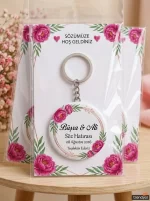 Söz Hediyesi & Hatırası - Fuşya Şakayık & Rose Gold Çember - Kişiye Özel Açacaklı Buton Rozet Anahtarlık 3lü Sunum Kartı ve Set