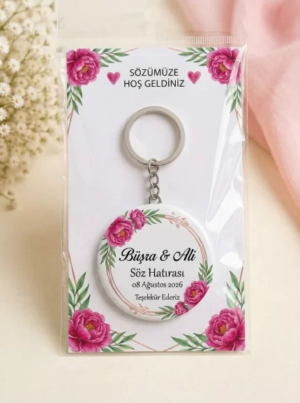 Söz Hediyesi & Hatırası - Fuşya Şakayık & Rose Gold Çember - Kişiye Özel Açacaklı Buton Rozet Anahtarlık