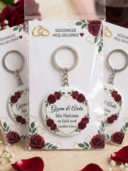 Söz Hediyesi & Hatırası - Adaçayı & Beyaz Orkide Çelengi - Kişiye Özel Açacaklı Buton Rozet Anahtarlık 3lü Sunum Kartı ve Set