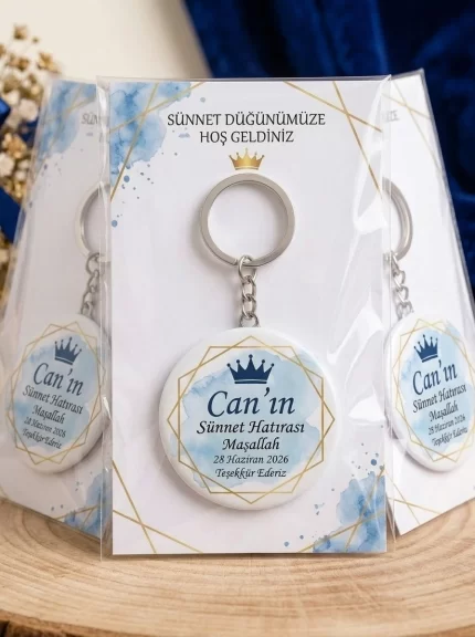 Sünnet Hediyesi & Hatırası - Geometrik Gold Çerçeve & Mavi Suluboya - Kişiye Özel Açacaklı Buton Rozet Anahtarlık 3lü Sunum Kartı ve Set