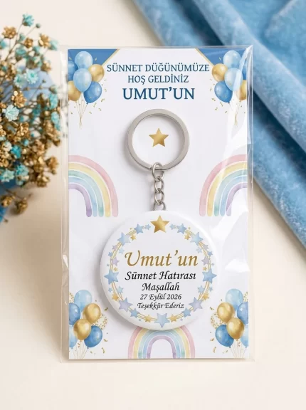 Sünnet Hediyesi & Hatırası - Gökkuşağı & Mavi Balon Demetleri - Kişiye Özel Açacaklı Buton Rozet Anahtarlık