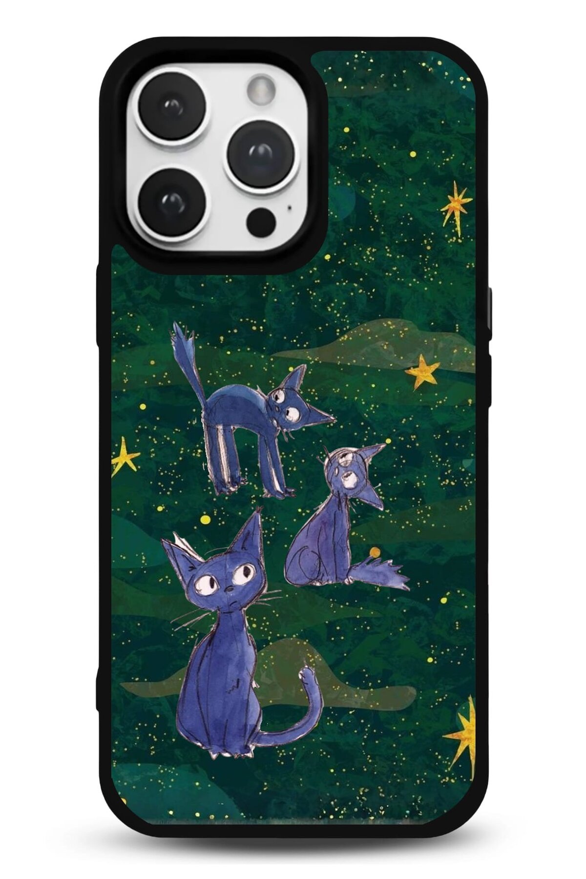 iPhone 17 Pro Uyumlu Yıldızlı Mavi Kediler Desenli Parlak Telefon Kılıfı