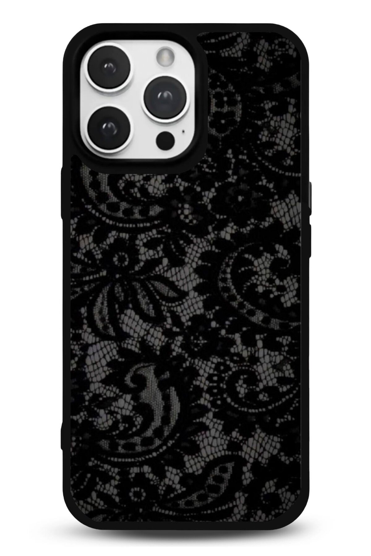 iPhone 17 Pro Uyumlu Siyah Dantel Desenli Parlak Telefon Kılıfı
