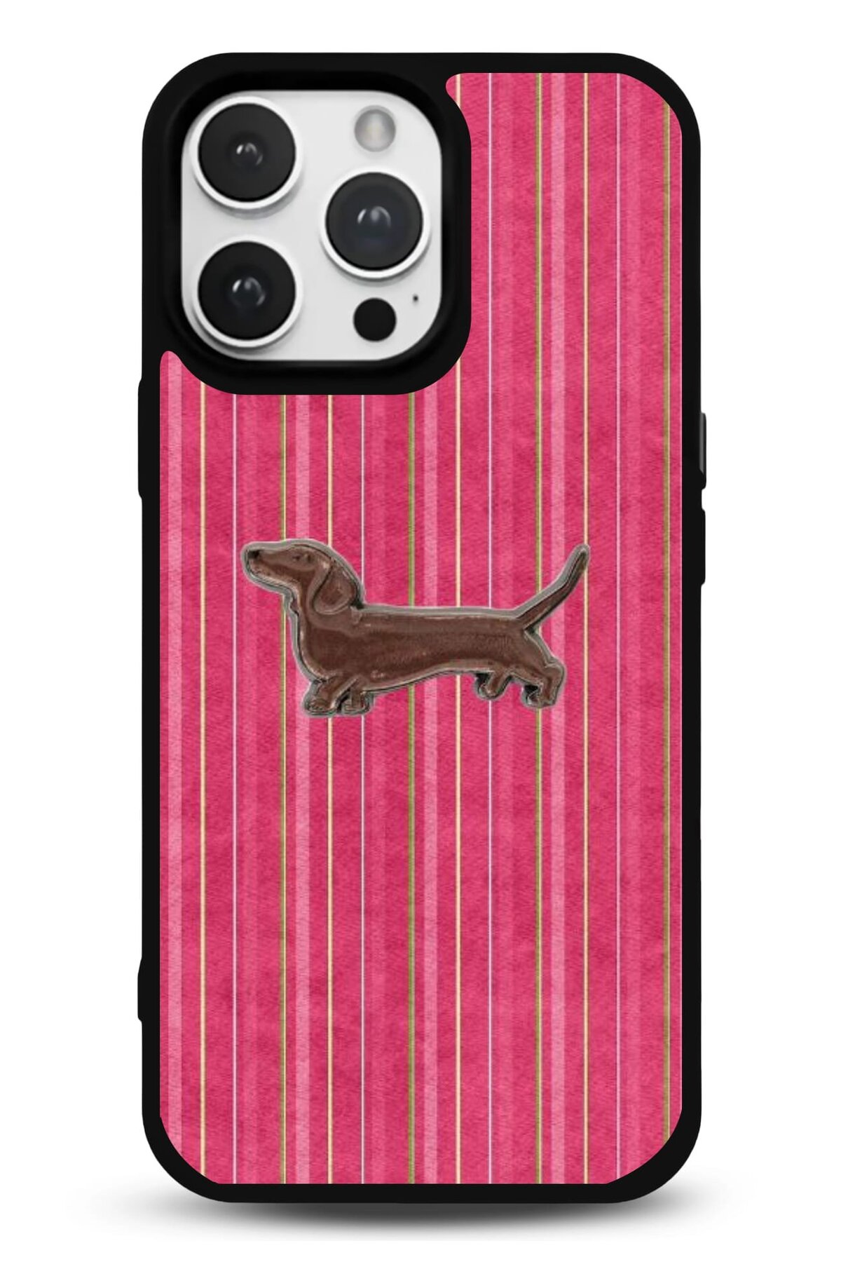 iPhone 12 Uyumlu Pembe Çizgili Sosis Köpek Desenli Parlak Telefon Kılıfı - Kişiye Özel 3D LED Gece Lambası & Hediye | Eymi