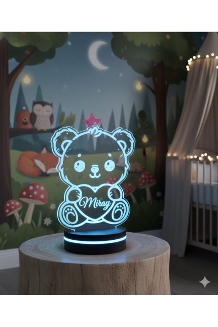 Kişiye Özel İsimli Sevimli Ayıcık 3D LED Gece Lambası