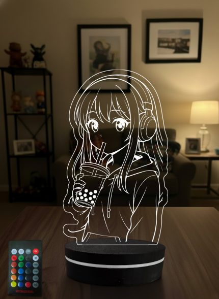 Anime Severlere Hediye Kulaklıklı Bubble Tea Kız Figürlü 3D LED Lamba, Genç Odası Masa ve Gece Lambası - 3D LED Gece Lambası (Eymi)