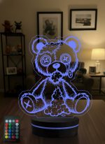 Gothic Ayıcık Figürlü 3D LED Lamba, Alternatif & Rock Severlere Hediye, Genç Odası Dekoratif Gece Lambası - 16 Renk Modeli 5