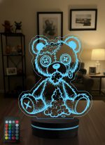 Gothic Ayıcık Figürlü 3D LED Lamba, Alternatif & Rock Severlere Hediye, Genç Odası Dekoratif Gece Lambası - 16 Renk Modeli 1