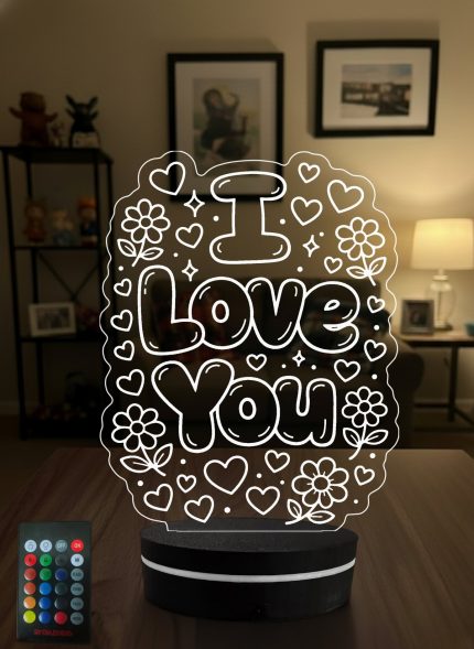 Sevgiliye Hediye I Love You Kalpli Çiçekli 3D LED Lamba, Sevgililer Günü & Yıldönümü Hediyesi Romantik Gece Lambası - 3D LED Gece Lambası (Eymi)
