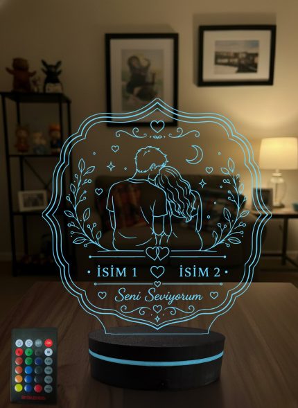 Sevgiliye Özel Hediye Kişiye Özel İsimli Romantik Çift 3D LED Lamba, Sevgililer Günü & Yıldönümü Hediyesi Gece Lambası - 16 Renk Modeli 1