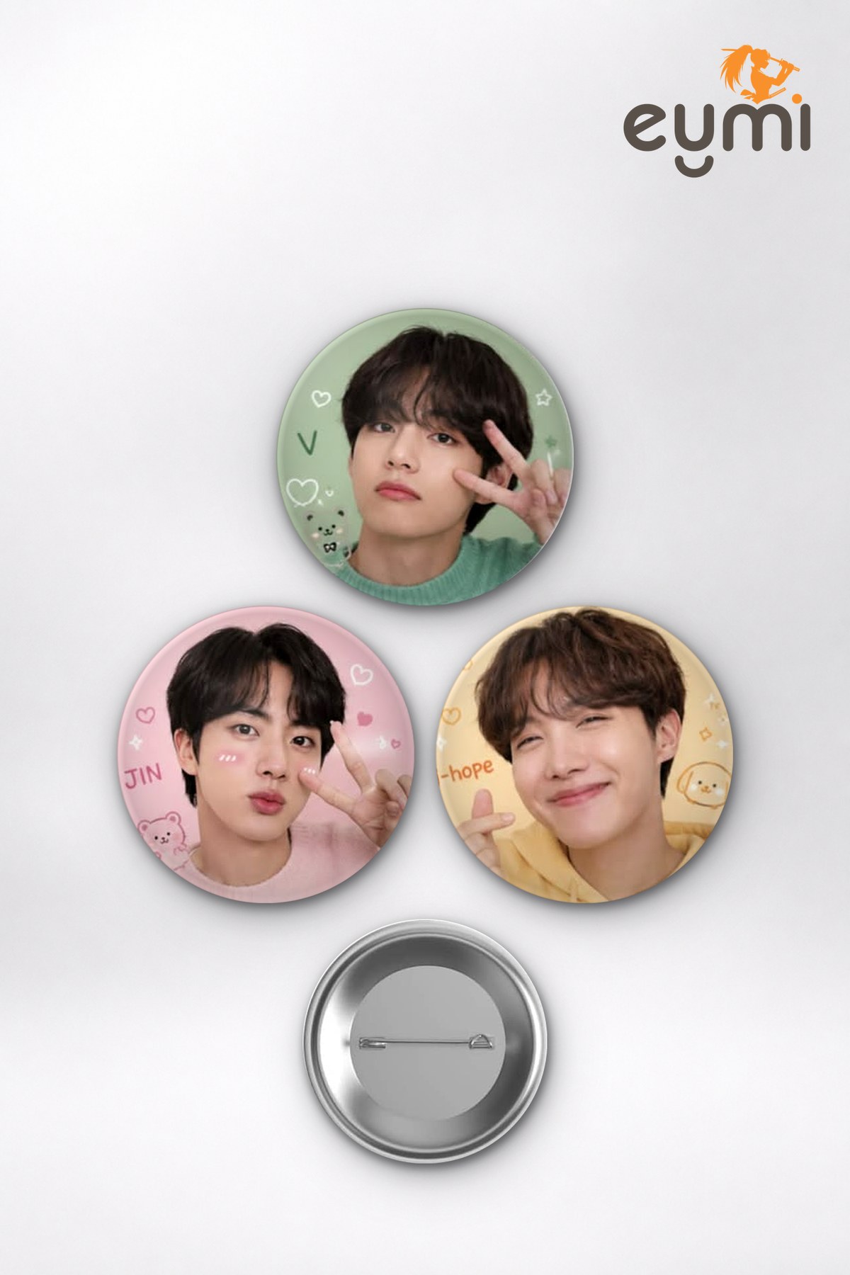BTS RM, Suga, Jungkook, Jimin Pastel Soft K-Pop Temalı Çanta Rozeti İğneli Buton Rozet Seti Set 3 3’lü (58 mm)