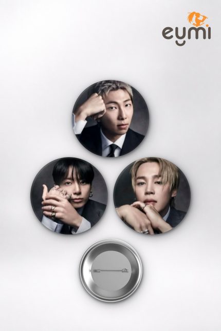 BTS RM, Jungkook, Jimin Siyah Takım Elbise K-Pop Temalı Çanta Süsü İğneli Buton Rozet Seti Set 1 3’lü (58 mm)
