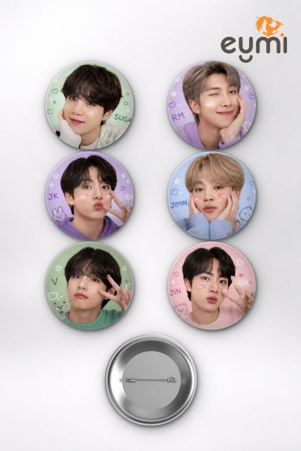 BTS RM, Suga, Jungkook, Jimin Pastel Soft K-Pop Temalı Çanta Süsü Rozet İğneli Buton Rozet Seti Set 1 (6 ADET) (58 mm)