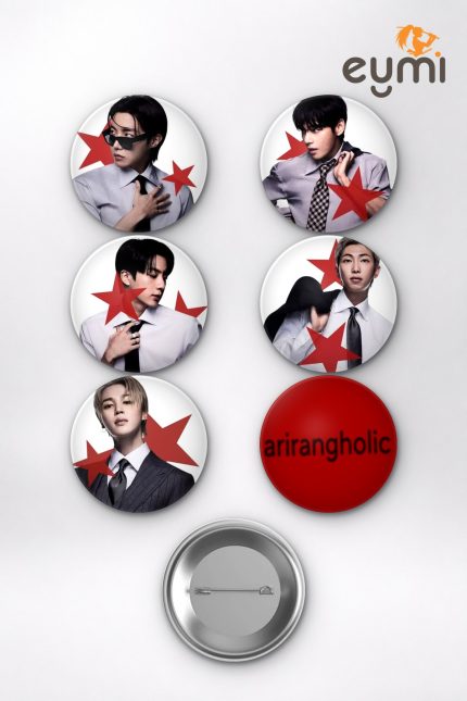 BTS Suga, Jungkook, J-Hope Kırmızı Yıldız Konsepti K-Pop Temalı Çanta Süsü Rozet İğneli Buton Rozet Seti Set 2 (6 ADET) (58 mm)