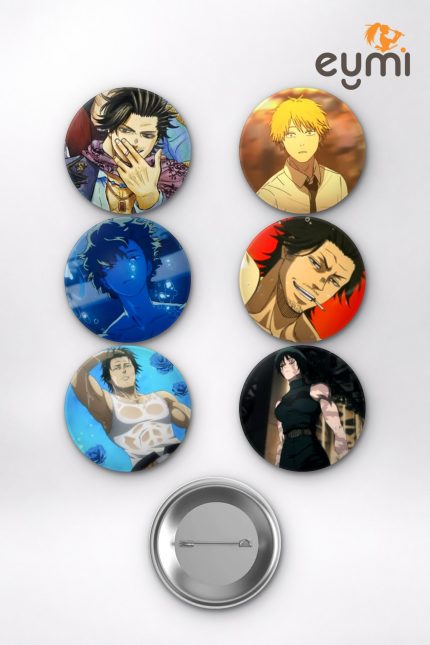 Black Clover Yami Sukehiro ve Denji Mix Temalı Çanta Süsü Rozet İğneli Buton Rozet Seti (6 ADET) (58 mm)