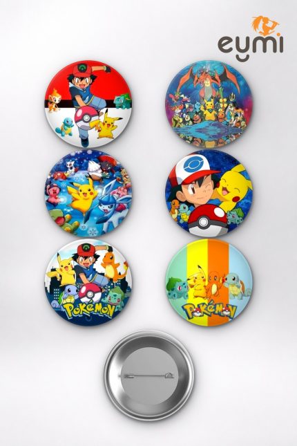 Pokémon Ash Ketchum ve Pikachu Temalı Çanta Süsü Rozet İğneli Buton Rozet Seti Set 1 (6 ADET) (58 mm)