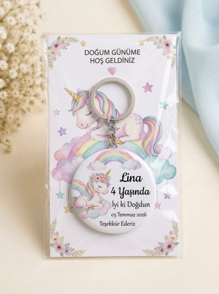 Kişiye Özel Doğum Günü Hediyeliği Açacaklı Anahtarlık – İsimli Kartlı Hatıra (Unicorn Sihirli Peri & Gökkuşağı) - Kişiye Özel 3D LED Gece Lambası & Hediye | Eymi