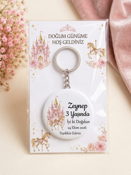 Kişiye Özel Doğum Günü Hediyeliği Açacaklı Anahtarlık – İsimli Kartlı Hatıra (Prenses Şatosu Pembe Atlıkarınca) - Kişiye Özel 3D LED Gece Lambası & Hediye | Eymi
