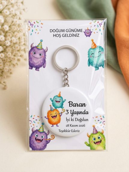Kişiye Özel Doğum Günü Hediyeliği Açacaklı Anahtarlık – İsimli Kartlı Hatıra (Sevimli Canavarlar Neşeli Parti)