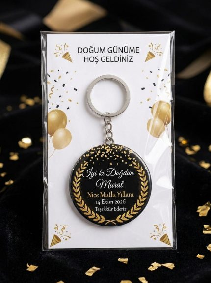Kişiye Özel Doğum Günü Hediyeliği Açacaklı Anahtarlık – İsimli Kartlı Hatıra (Gold & Siyah Lüks Yetişkin Parti) - Kişiye Özel 3D LED Gece Lambası & Hediye | Eymi